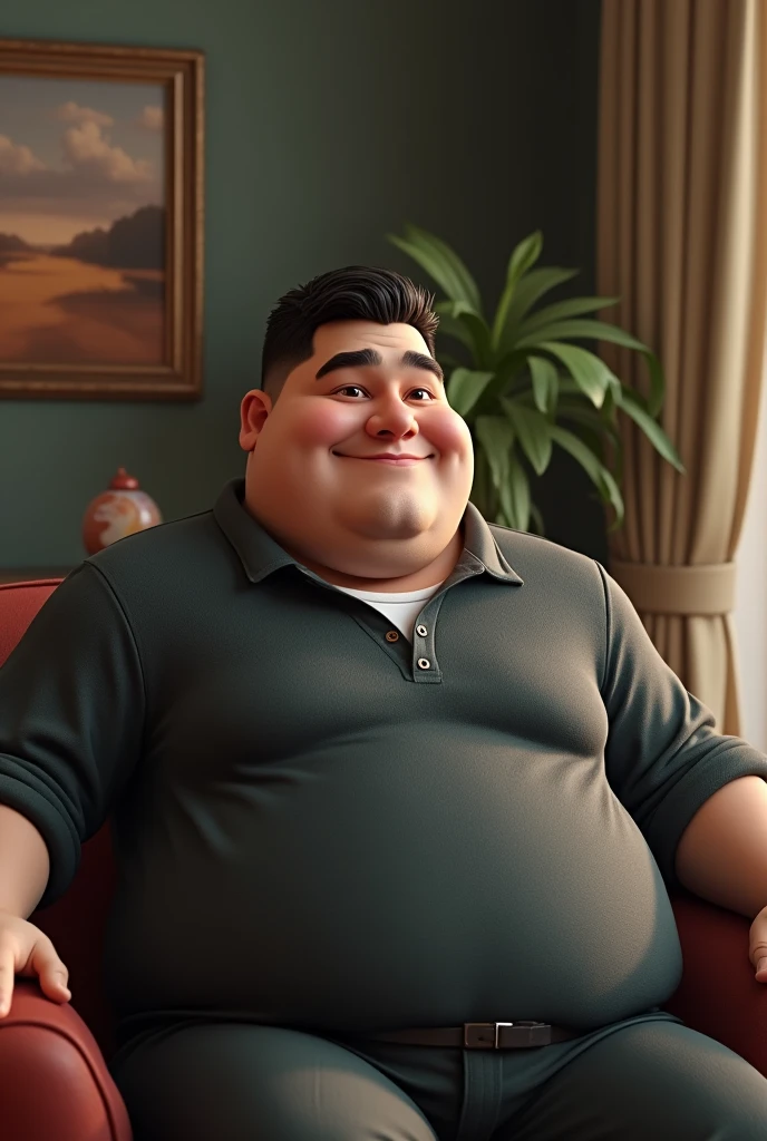 3d image realistic of fat man, atractive, with brown eyes and black hair, in the background a room
