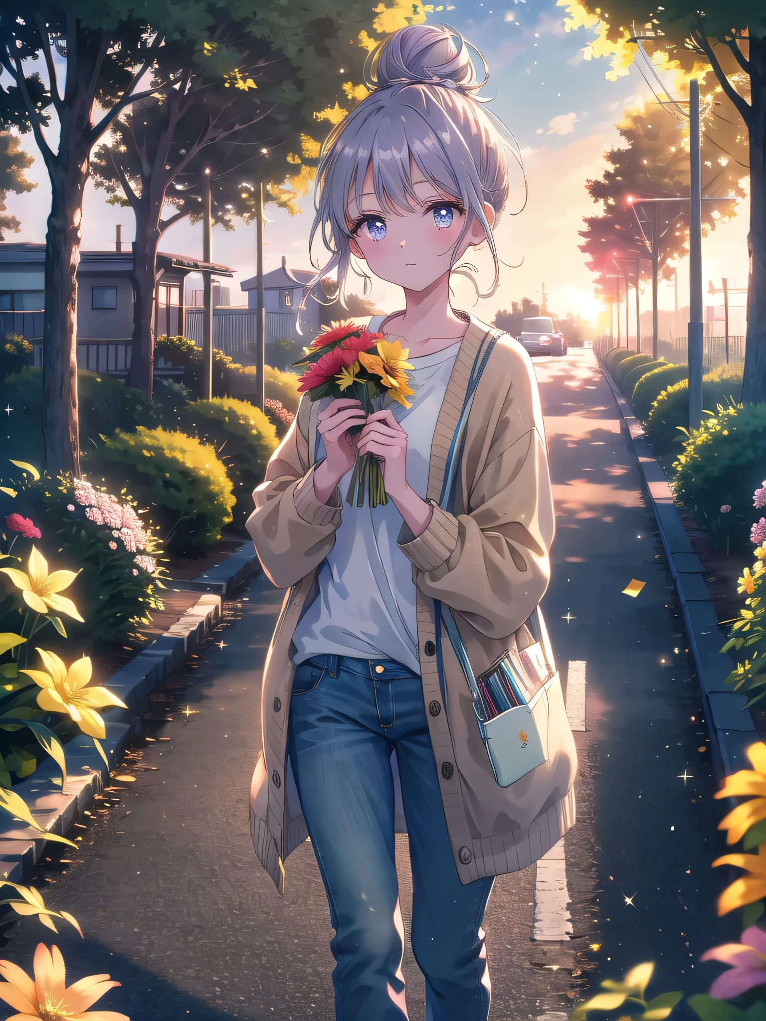 ((8k, Highest quality, masterpiece: 1.3)),Ultra-high resolution,(1 girl, alone), (Color changing eyes, Ultra-detailed, Expressive brilliance, Glitter, Glowing Eyes), Highly detailed eyes, Highly detailed face, Random Hair, ((pastel colour))Evening Walk in the Neighborhood
The woman is taking a leisurely stroll down a quiet, tree-lined street in her neighborhood as the sun sets. She’s wearing a soft, oversized cardigan over a simple t-shirt and skinny jeans, her hair tied up in a loose bun. She holds a small bouquet of flowers in one hand, and as she looks at the camera, her expression is one of contentment and calm. The warm, golden light of the setting sun filters through the trees, casting a serene glow over the scene.