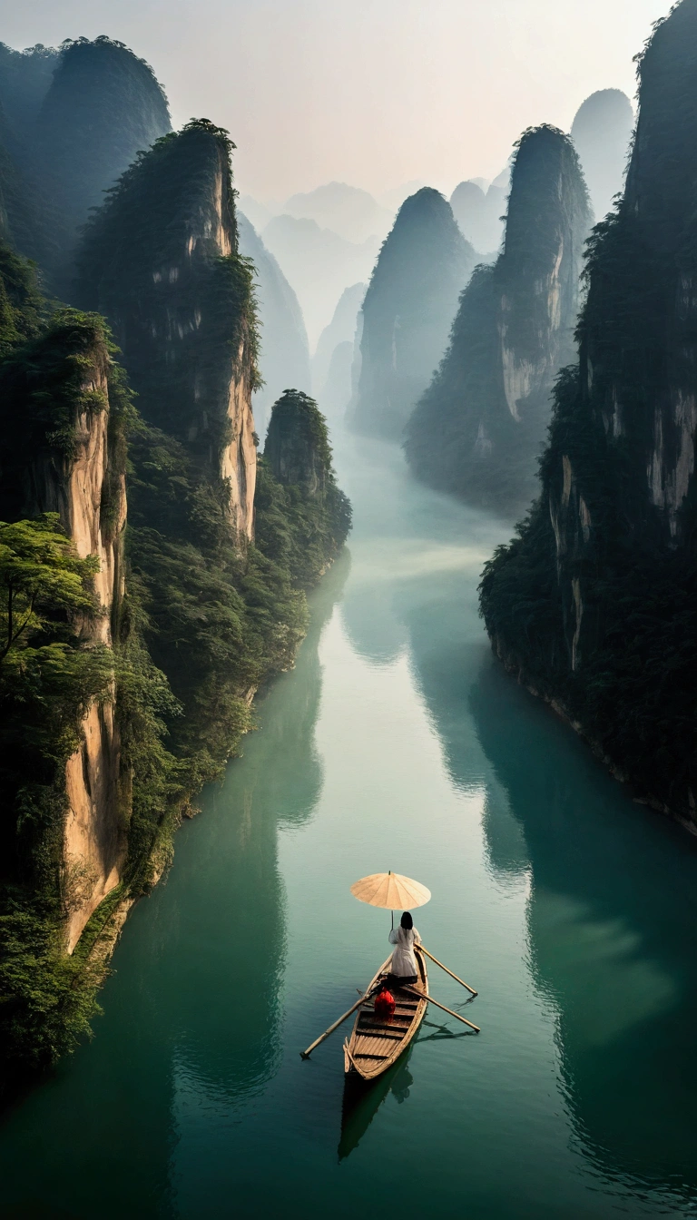 Misty，Sunset through the fog，A 92-degree aerial view of a simple bamboo raft tied with bamboo，A woman wearing Chinese Hanfu on a bamboo raft holds an umbrella in front，There is a boatman behind，There are stone cliffs on both sides，Like a Chinese landscape painting, like a fairyland, like the mountains of Zhangjiajie，Maximum resolution，All the details can be seen clearly，Cinematic color grading
