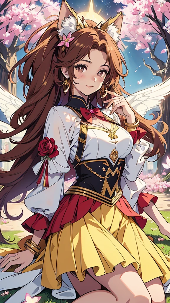 (best quality,4k,8k,highres,masterpiece:1.2),ultra-detailed,(realistic,photorealistic,photo-realistic:1.37),acrylic painting,beautiful Brazilian model in a uniform outfit red and gold with downy hair,beautiful Brazilian model with extremely colorful brown hair and detailed facial features,beautiful Brazilian model standing in a beautiful garden surrounded by a starry sky,pink hair,beautiful Brazilian model wearing a vibrant rose pinkl and gold uniform outfit,beautiful Brazilian model with intricate accessories,cat ears, ,beautiful Brazilian model with long flowing twintails,beautiful Brazilian model with bright brown eyes and rosy lips,beautiful Brazilian model with a joyful expression,beautiful Brazilian model in a dynamic pose with cherry blossoms falling around her,beautiful Brazilian model surrounded by colorful flowers and butterflies,beautiful Brazilian model's school uniform outfit adorned with cute bows and lace details red and gold,beautiful Brazilian model with an enchanting smile,beautiful Brazilian model with soft, pastel-colored shading,beautiful Brazilian model with a magical glow illuminating her,beautiful Brazilian model in a picturesque setting with a winding path leading to a magnificent castle,beautiful Brazilian model with a fairytale-like background,beautiful Brazilian model with a soft, dreamy atmosphere,beautiful Brazilian model with a subtle bokeh effect,beautiful Brazilian model standing under a sunny sky,beautiful Brazilian model with a warm, golden sunset in the background,beautiful Brazilian model surrounded by twinkling stars and colorful nebulae,creating an ethereal and captivating artistic masterpiece, sitting down, facing camera, uniform outfit genshin