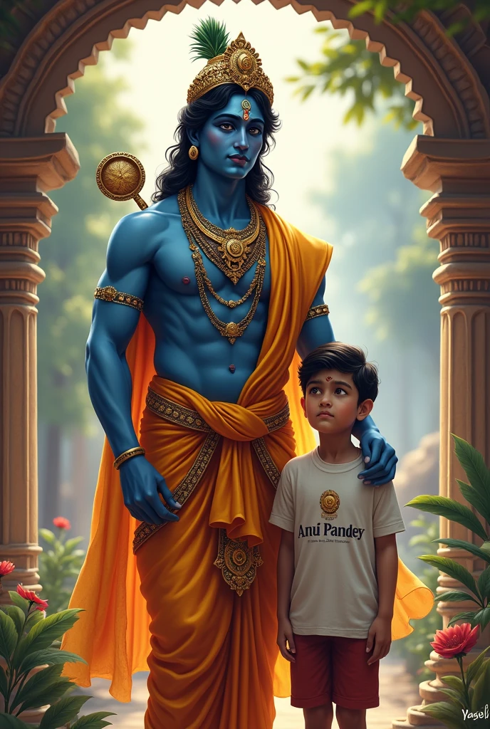 Create a god krishna with a boy who wear tshirt in tshirt anuj pandey is written