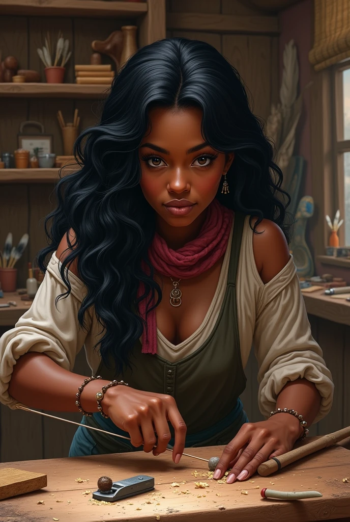  dark skinned with wavy black hair is working in her bow studio 