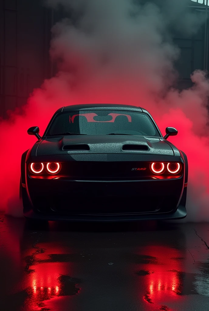 Dodge Challenger SRT hellcat red eye black colour with dark background red light with fume with photo ratio 9:16