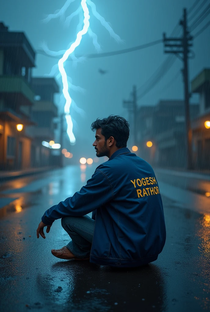 18 years younger man sitting on a deserted street during a storm: The street must be wet from the rain, with lightning in the background, and young must be dressed in casual clothes, looking thoughtful and intrigued.the young man wearing blue jaket, and jeans pent, YOGESH RATHOR name on the jaket