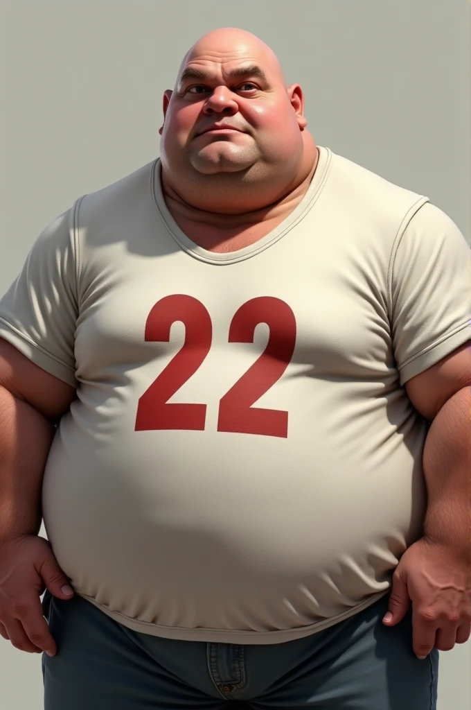 Make a fat man who is a bald man with a shirt that says 22 and make the image realistic 