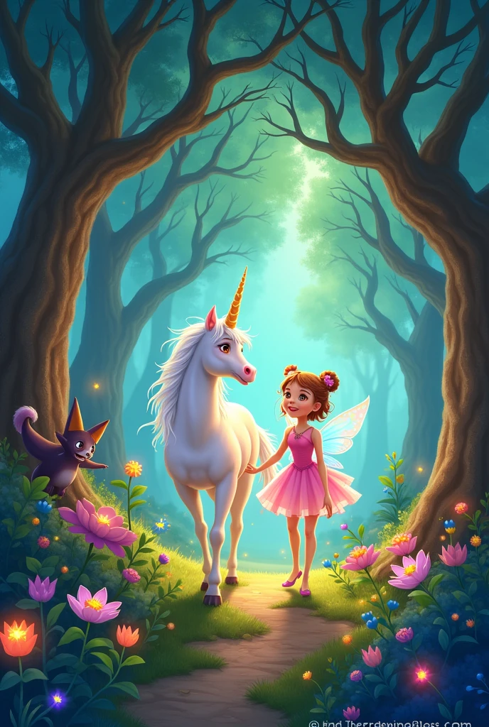Create an image for story book title is The Adventure of Sparkle the Unicorn
Chapter 3: The Enchanted Forest
Sparkle and Twinkle followed the map through the meadows and across the rainbow bridge, until they reached the edge of the Enchanted Forest. The trees in the forest were tall and twisted, their branches forming a canopy overhead. The forest was filled with all sorts of magical creatures—talking animals, glowing plants, and even a friendly dragon named Blaze.
