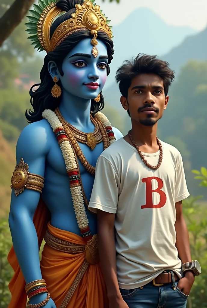 Generate a image of lord shri krishna with a men having alphabet B on his tshirt