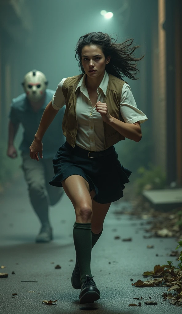 ((Highest quality)), ((masterpiece)), (horror movie posters:1.5), ((Jason)),  (Motion Blur:1.1), (グレーの女性のハト対Jason), 逃げるJasonを後ろから追いかける筋肉質なグレーの女性のハト, A grey female pigeon wearing an off-white collared short-sleeve shirt, a light brown vest, a knee-length black skirt, dark green socks and black shoes, Photorealistic images,