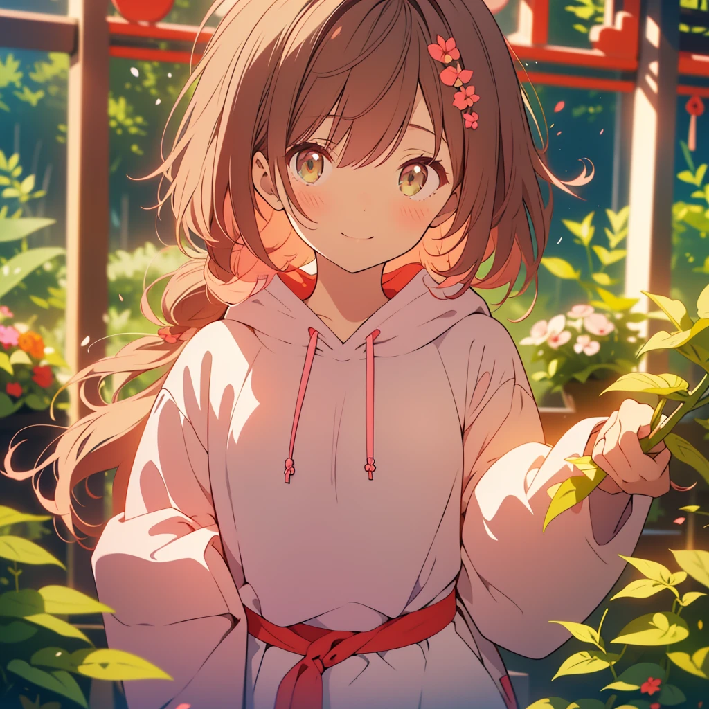 kawaii, anime, Cute, hyper quality, highly detailed, 8k, Clarity, Draw facial expressions in detail, A young girl with short light pink hair and scarlet eyes., Housenka, Impatiens balsamina, troubled face, whole body, put your hand on your chest, patience, A girl with long dark brown hair and green eyes, smile, talk, aggressive, hoodie, put your arm around your waist,