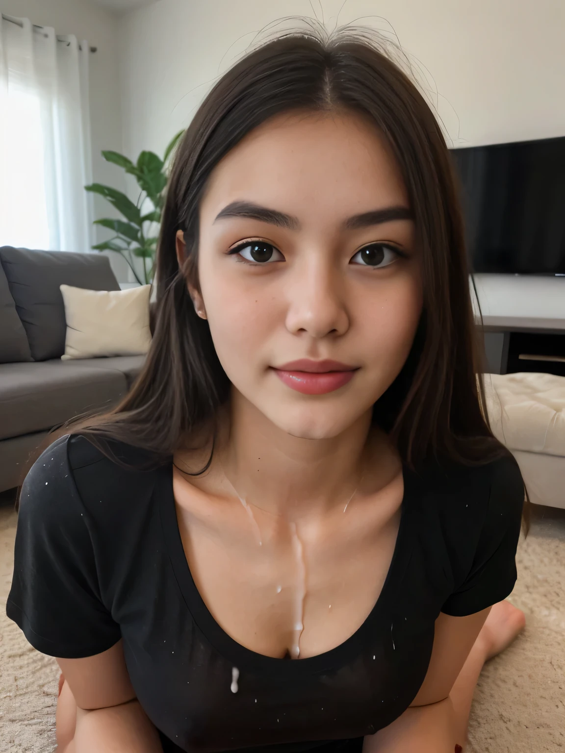 beautiful 20 years old girl, (((chinese))), (kneeling), , (((supermodel face))), no makeup, living room, (black t-shirt), , ((thin pointy nose, thin face)), cum on cloth, cum on t-shirt