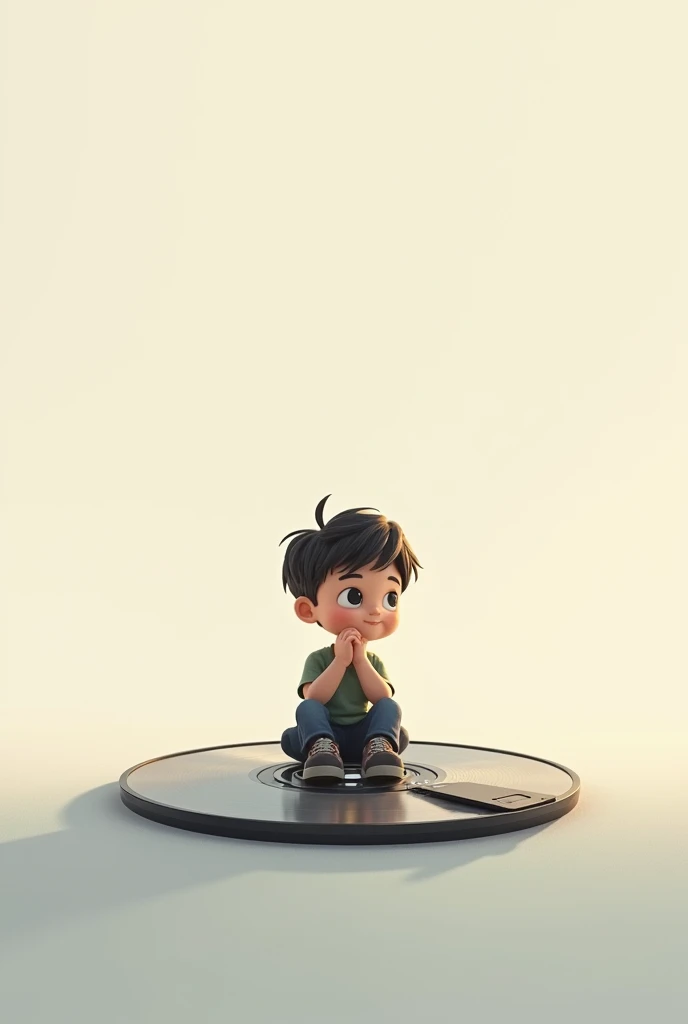 A boy is sitting on his computer disk and looking into me