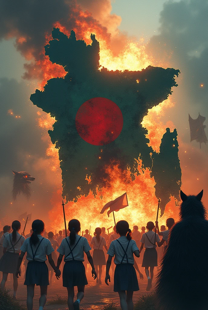 Illustrate a vivid battle scene with the map of Bangladesh as the background. On one side, a pack of threatening creatures, including a wolf, a hyena, a vampire, and other monsters, are advancing to destroy a specific target. On the opposite side, a group of courageous schoolchildren in uniforms are fighting back, holding the Bangladesh flag proudly. The atmosphere is one of full-scale war, capturing the intense clash between these dark forces and the young defenders, with the map of Bangladesh symbolizing the battleground