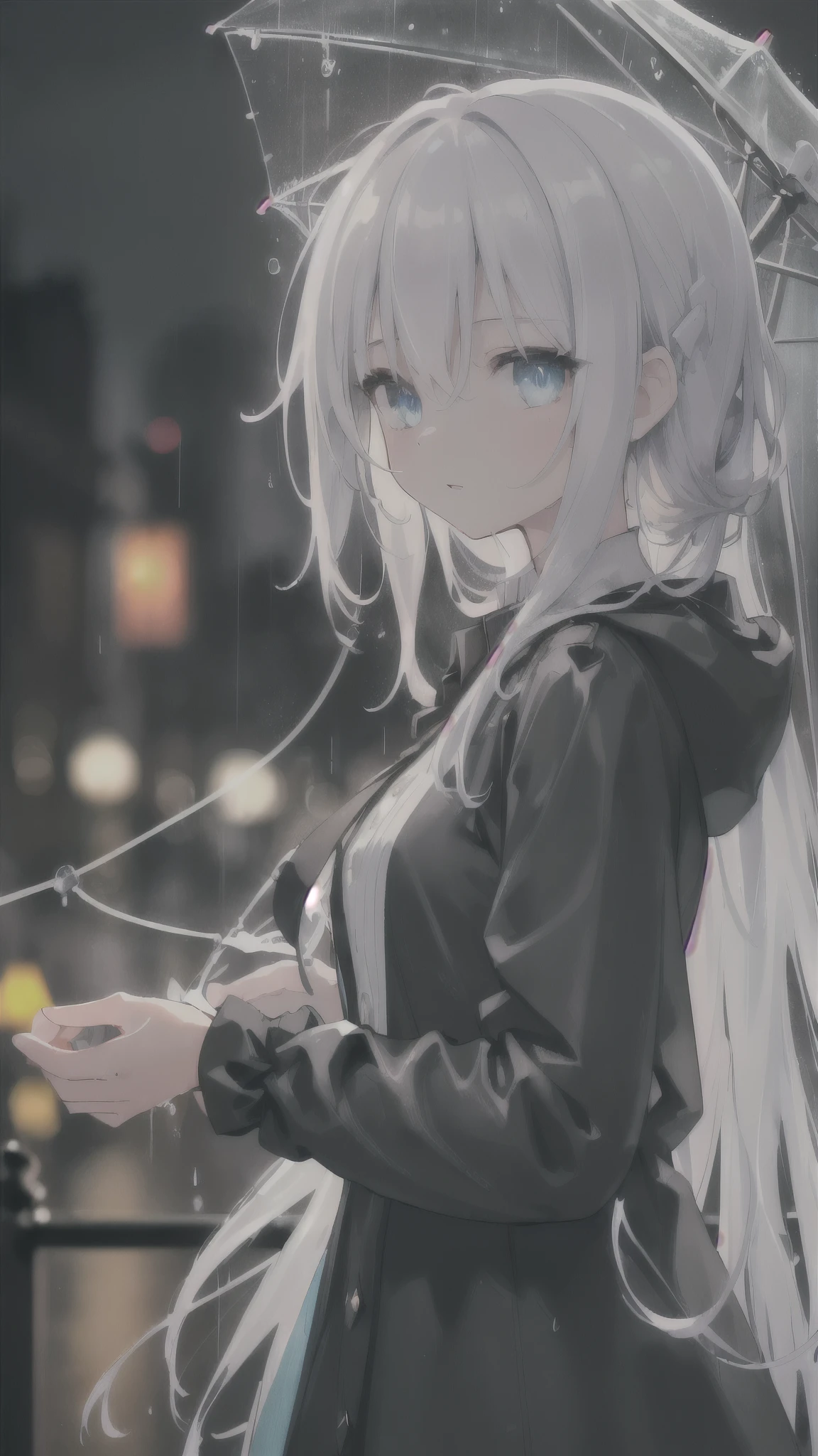 (masterpiece:1.21), (best quality:1.331), ((ultra-detailed)), ((extremely best illustration)), ((amazing)), (hyper quality), Gorgeous and rich graphics,
(extremely delicate and beautiful:1.21), 8k, wallpaper, (extremely beautiful lighting), hard light, delicate composition, (perfect conposition), (extremely beautiful and detailed background:1.21), rembrandt style expression of light and shadow, dark tone, (low-key and high-variance colorscale), ((depth of field)), deep shadow,
dynamic angle, from side, upper body, radial blur,
rain, (city lights, blurry background),
(1girl),(beautiful detailed eyes), clear blue eyes, long and silver french braid hair,
fatigues,
transparent raincoat, wet clothes and wet skin and dripping wet hair,
lens flare, string lights, street,, masterpiece, best quality,