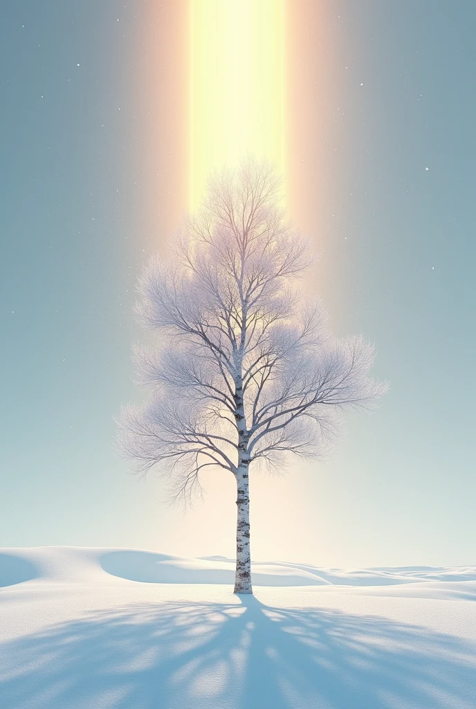 (masterpiece, Highest quality, shape, Subtle details, 8k:1.2),(Highly detailed CG Unity 8k wallpaper), (Highest quality), (Best illustrations), (Photo shoot by a professional photographer:1.2),(Best Shadow), Realistic lighting, Create a realistic 3D digital image of a vast snowy plain, viewed from above, featuring a single large birch tree standing in the center. The birch tree is covered in a light layer of snow, its branches gracefully spreading out. The ground below is blanketed in snow, creating a seamless white landscape. Beautiful diamond dust sparkles as it falls gently, adding a magical touch to the scene. A striking sun pillar, a vertical beam of light, descends from the sky, casting a warm, golden glow directly onto the birch tree, creating a stunning contrast against the cool, snowy surroundings. The image captures the majestic beauty of nature and the serene, mysterious atmosphere of a winter wonderland.