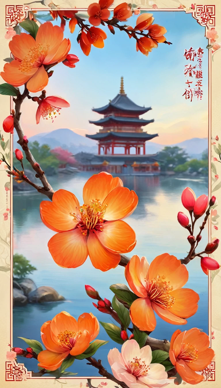 Orange Red and Fresh Peach Blossoms Background Image A beautiful combination of vibrant orange red tones and the gentle elegance of fresh peach blossoms, symbolizing renewal, good fortune and vitality for the coming year. The background is decorated with delicate peach blossom branches, each depicted in orange red and white, against a light, airy background evoking the gentle arrival of spring.

In the foreground, a bold orange red accent stands out, a colour that radiates warmth, energy and festivity. The interplay of vibrant orange red shades and peaceful peach blossoms creates a harmonious contrast, bringing a balance of energy and serenity.

The peach blossoms, gently fading into the background, add a layer of depth and symbolism, reminding the viewer of hope, prosperity and new beginnings. The poster is both attractive and dynamic, perfect for welcoming a prosperous new year with a touch of tradition and modern style.

This poster combines traditional symbolism with bold modern design, making it ideal for welcoming the new year in style.