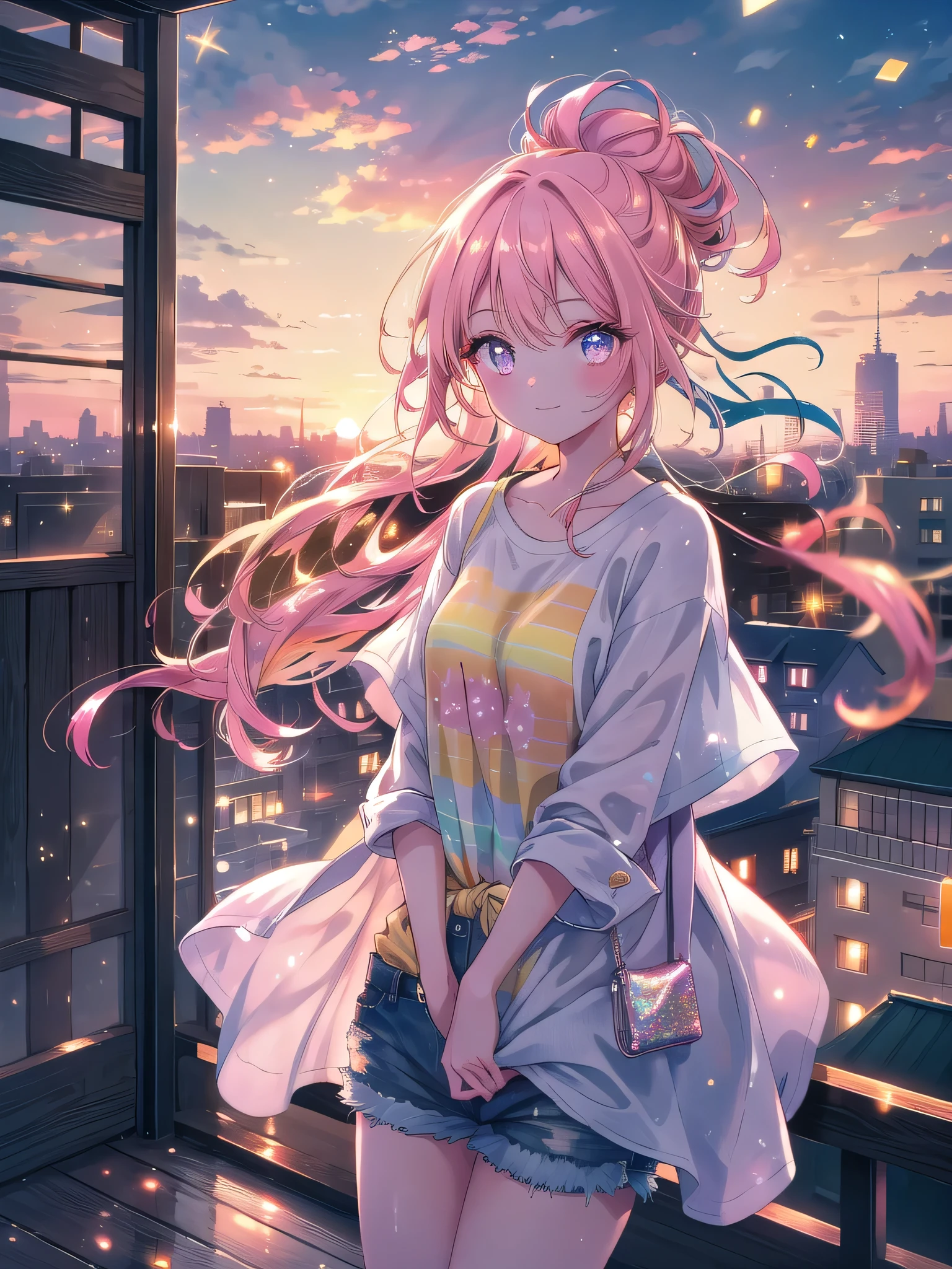 ((8k, Highest quality, masterpiece: 1.3)),Ultra-high resolution,(1 girl, alone), (Color changing eyes, Ultra-detailed, Expressive brilliance, Glitter, Glowing Eyes), Highly detailed eyes, Highly detailed face, Random Hair, ((pastel colour))Sitting on a cozy balcony, the woman is wearing a simple tank top and joggers. She’s leaning back in a chair, her feet propped up on the balcony railing, holding a glass of wine. The cityscape behind her is illuminated by the setting sun, with the sky a blend of orange and pink. She’s looking at the camera with a serene, contented expression, her eyes reflecting the calmness of the evening.