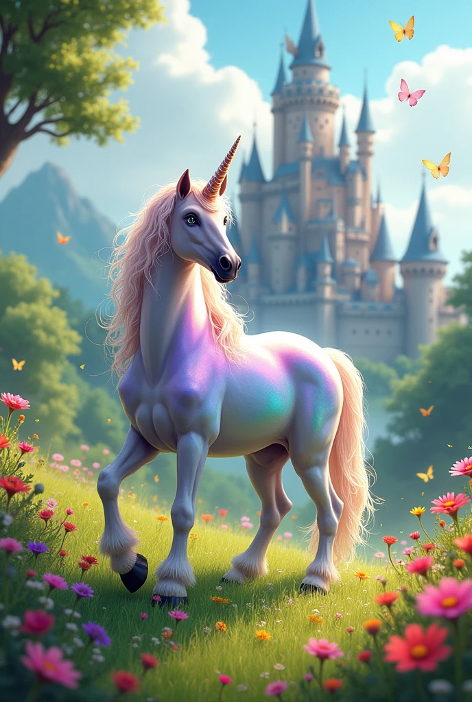 Shiny unicorn on grass with a castle in the background, with erflies and flowers around