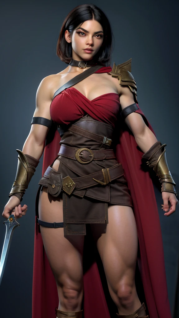 (masterpiece), best quality, expressive eyes, perfect face(masterpiece), best quality, expressive eyes, perfect face, Female warrior, very short black hair, scar on left eye, bronze skin, red lips, amber eyes, muscular, wide hips, large breasts, holding a sword, red cape torn shoulder, arm sleeves, belt on legs, steel plate boots, steel plate gauntlets, chocker, breast plate, pussy plate, body scars, standing
