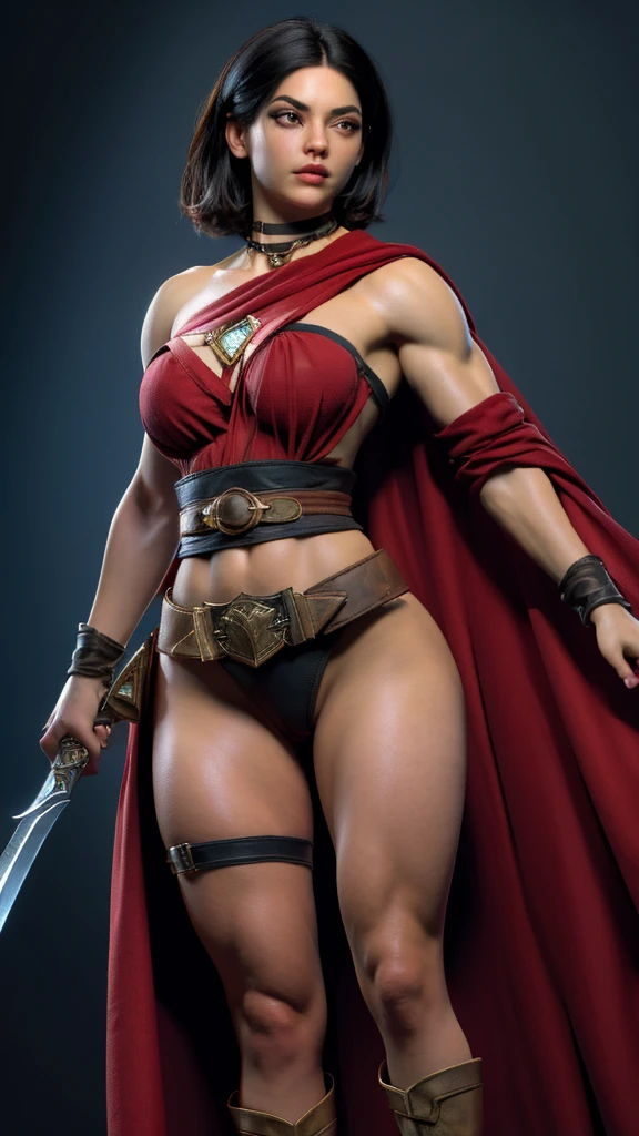 (masterpiece), best quality, expressive eyes, perfect face(masterpiece), best quality, expressive eyes, perfect face, Female warrior, very short black hair, scar on left eye, bronze skin, red lips, amber eyes, muscular, wide hips, large breasts, holding a sword, red cape torn shoulder, arm sleeves, belt on legs, steel plate boots, steel plate gauntlets, chocker, breast plate, pussy plate, body scars, standing