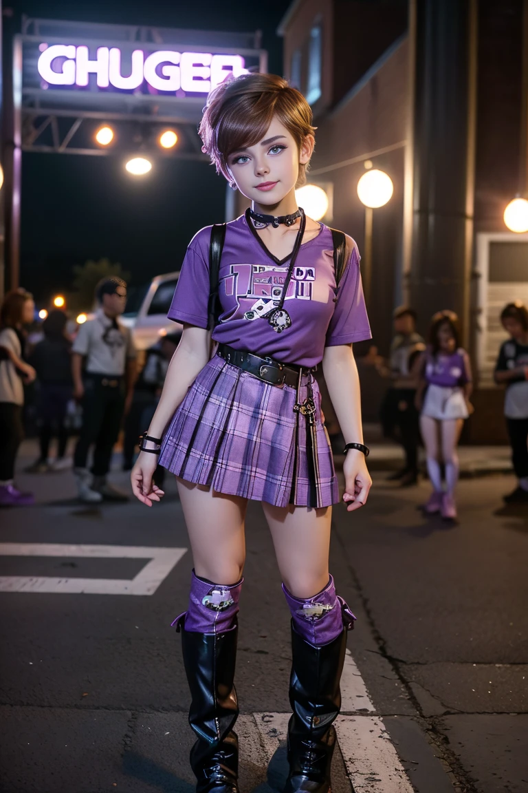 Girl with short light brown hair , short hair pixie cut , beautiful age woman, Beautiful woman , Photo of a beautiful teen , Nice smile ,cute makeup , purple eye shadow , beautiful teenage , 1 , cute makeup , small nose ,freckles on cheeks and nose, Red lips , sexy, beautiful teen nuker b, Varied background , outfit grunge , He wears a purple short-sleeved t-shirt with a skull image. ,white belt , lilac skirt with checkered images , long boots with heel , She also wears a whistle around her neck , Full body photo , pose for full body photo , motorcycle , biker clothing , seductive pose , scenery , plays purple electric guitar , Singing , happy