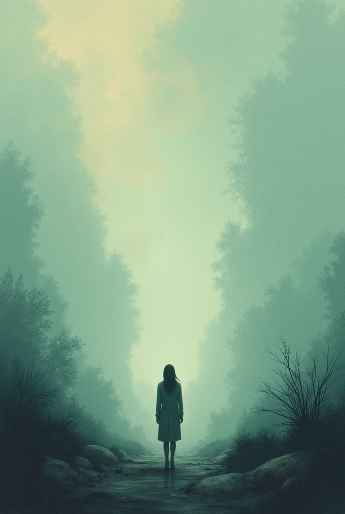 create a back cover image for an album called between dreams and farewells, I want the feeling of melancholy to be expressed abstractly, while 1 person is inert in his own thoughts , keep it simple, with mythical and simple colors(like the puff album). with melancholic colors