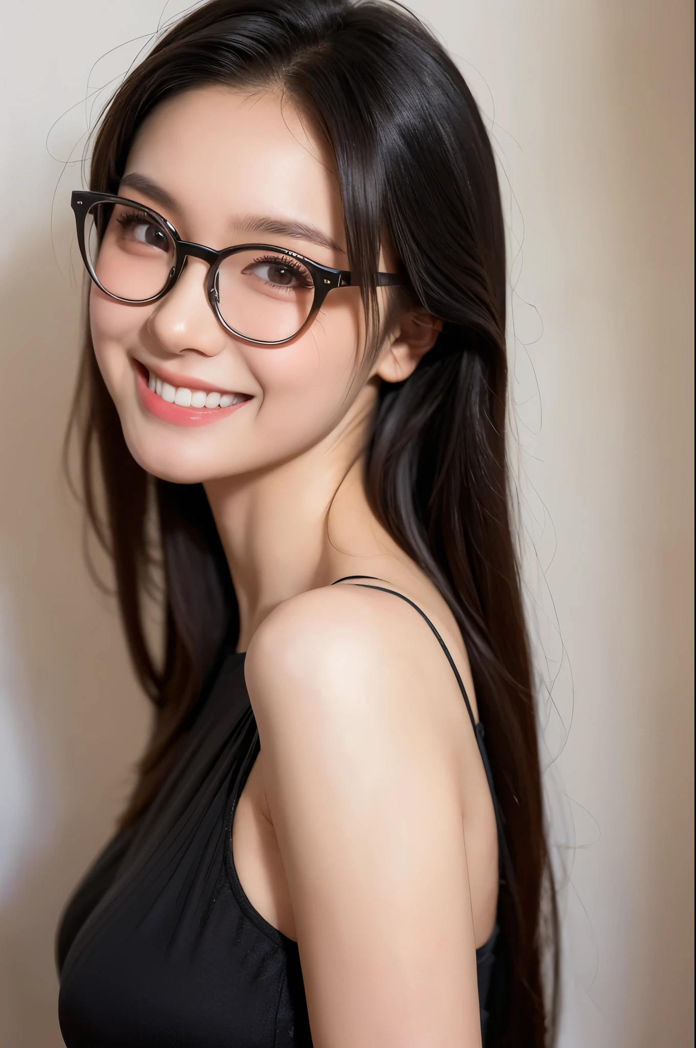 A 16k realistic portrait masterpiece, realistic soft detailed lines, highest resolution, every detail, meticulousness, depth of field, bright colors, beautiful composition: a girl Teenage girl wearing glasses smiling happily, light makeup with black hair and beautiful innocent detailed eyes, standing on a dark and ominous scene. sexy silk dress.