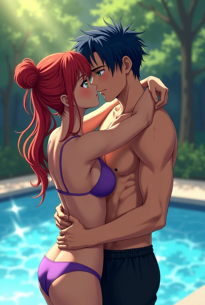 A woman with brown skin, red hair, dark green eyes, wearing a purple bikini, hair tied in a bun, kissing a taller man, with dark blue hair, turquoise eyes, wearing black swim shorts, freckles. Both by the pool. anime styling