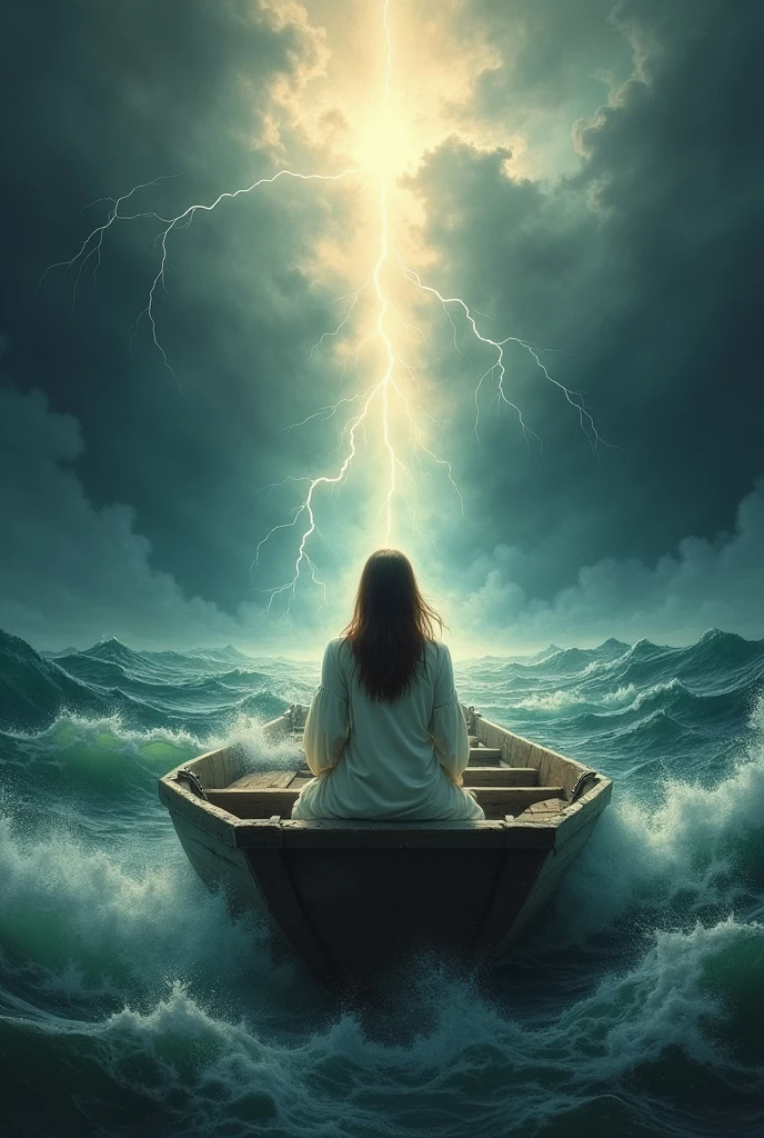 A woman alone in a storm, in a boat. From behind and the glory of God