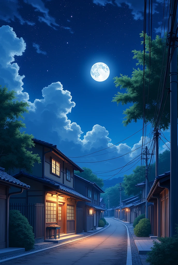 make a picture of Japan old Street view, night sky with Stars , moon , beutiful trees , realistic, Anime , stars in the sky , bright, cotton clouds, multiple stars, old Japanese houses, old traditional small house, million of Stars in sky , one house in street, villages road clay, add more and big bright stars