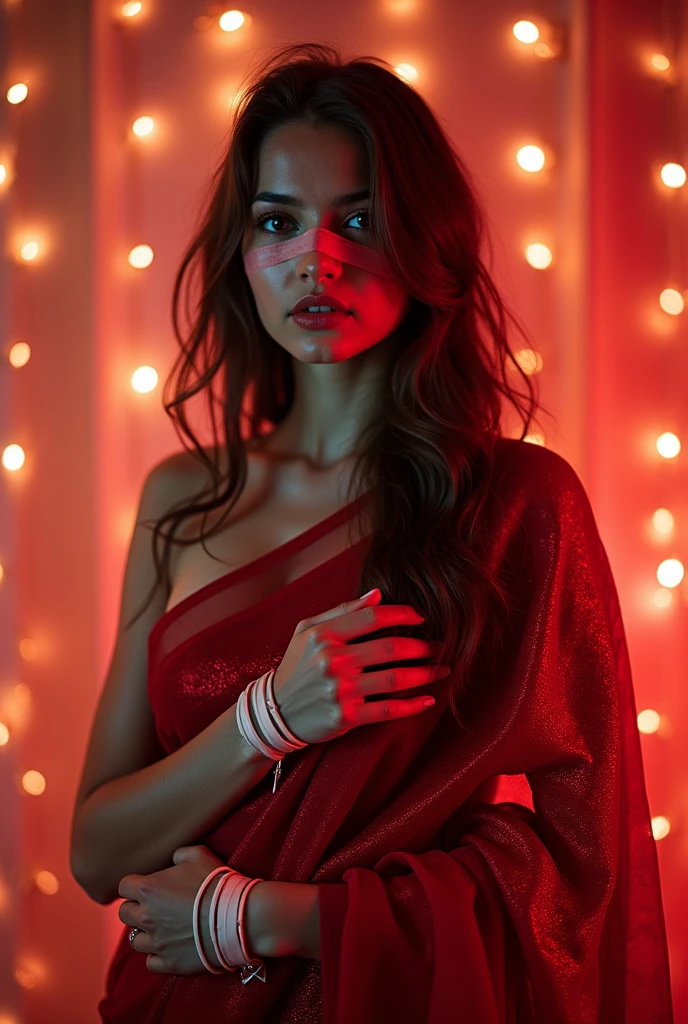 Aesthetic girl blindfolded duct tape gagged in red sparkling shimmering saree taking selfie tape gagged