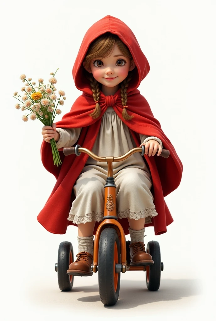 (((realistic full figure portrait of a Little Red Riding Hood riding a tricycle))), ,  full figure, frontal, camera parallel to character's eyes, white neutral background, smiling, serene, front view, she holds a flower bouquet in one hand