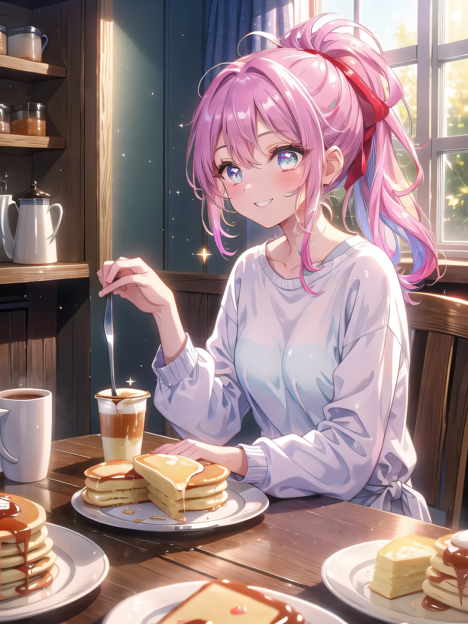 ((8k, Highest quality, masterpiece: 1.3)),Ultra-high resolution,(1 girl, alone), (Color changing eyes, Ultra-detailed, Expressive brilliance, Glitter, Glowing Eyes), Highly detailed eyes, Highly detailed face, Random Hair, ((pastel colour))Sunday Morning Breakfast
The woman is sitting at a small kitchen table, enjoying a leisurely breakfast. She’s wearing an oversized white t-shirt and cozy shorts, her hair messy from sleep and tied up in a loose ponytail. A plate of pancakes and a cup of coffee are in front of her, and she’s holding a fork mid-bite, looking at the camera with a playful grin. The morning light streams through the window, casting a warm, inviting glow across the room, creating a moment of quiet joy.