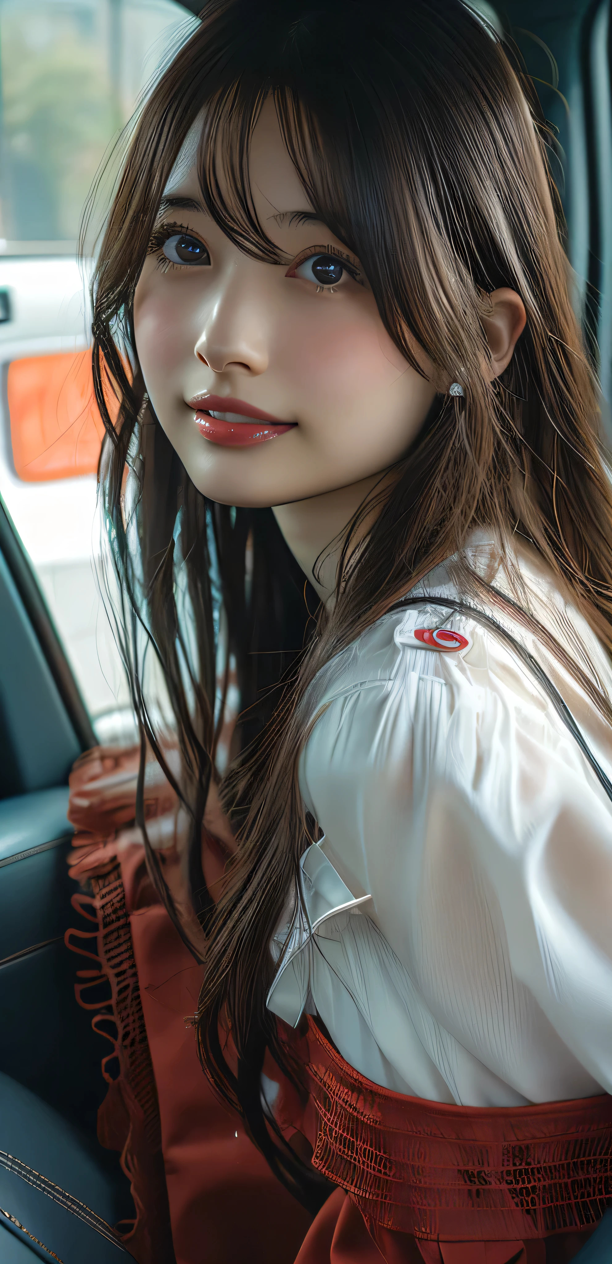 Sit in the passenger seat, look at me、smile、Wearing red lingerie、40-year-old Japanese woman、Perfect Makeup、I combed my hair back.、short hair、Bust up shot、