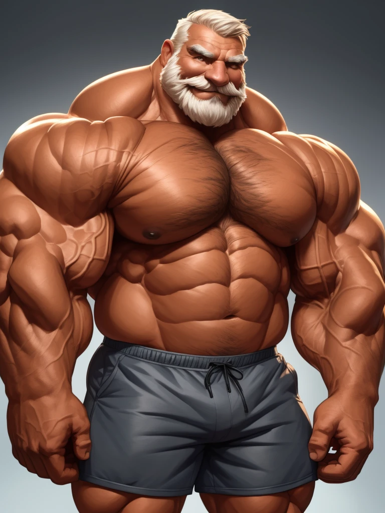 1boy, 1man, solo, gigantic, hyper detailed, (topless, shirtless, shorts), well-muscled old man, bearded. ((extremely huge muscular, massive muscular, extremely muscle size, super thick arms, huge pec, hyper pec, bigger chest, extremely wide pectoral , huge arms)), wide smiling. Add textures and details to make the image more realistic, such as the appearance of the. Make sure the resulting image is high resolution, 8K quality