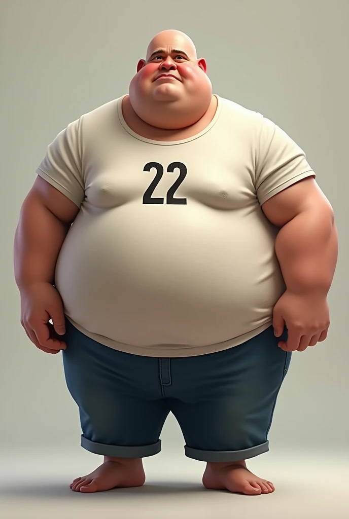 Make a fat man who is a bald man with a shirt that says 22 and make the image realistic , that the man is not muscular, that looks like a real fat guy