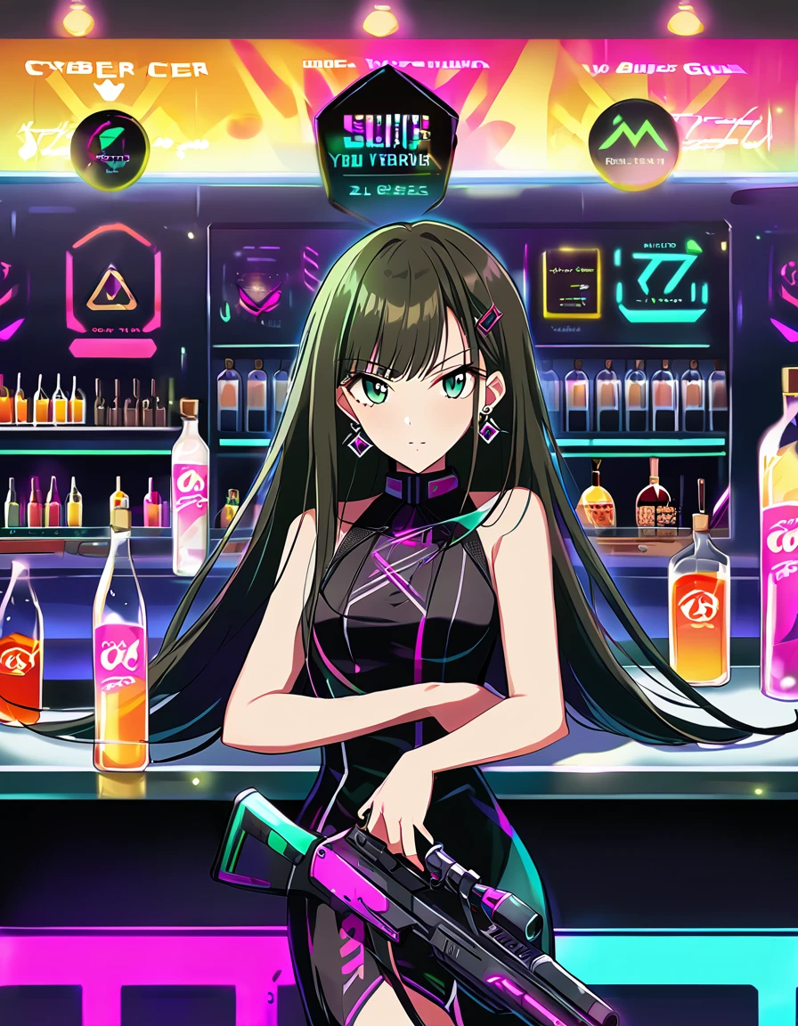 score_9, score_8_superior, score_7_superior, sauce_anime,
evaluation_Sensitive, bar counter，cyber punk，Green Eyes，Long Hair，Glamorous Dress，sunglasses，Ready your gun?，Cool expression，cool，Earrings，Gunfight，Agent，