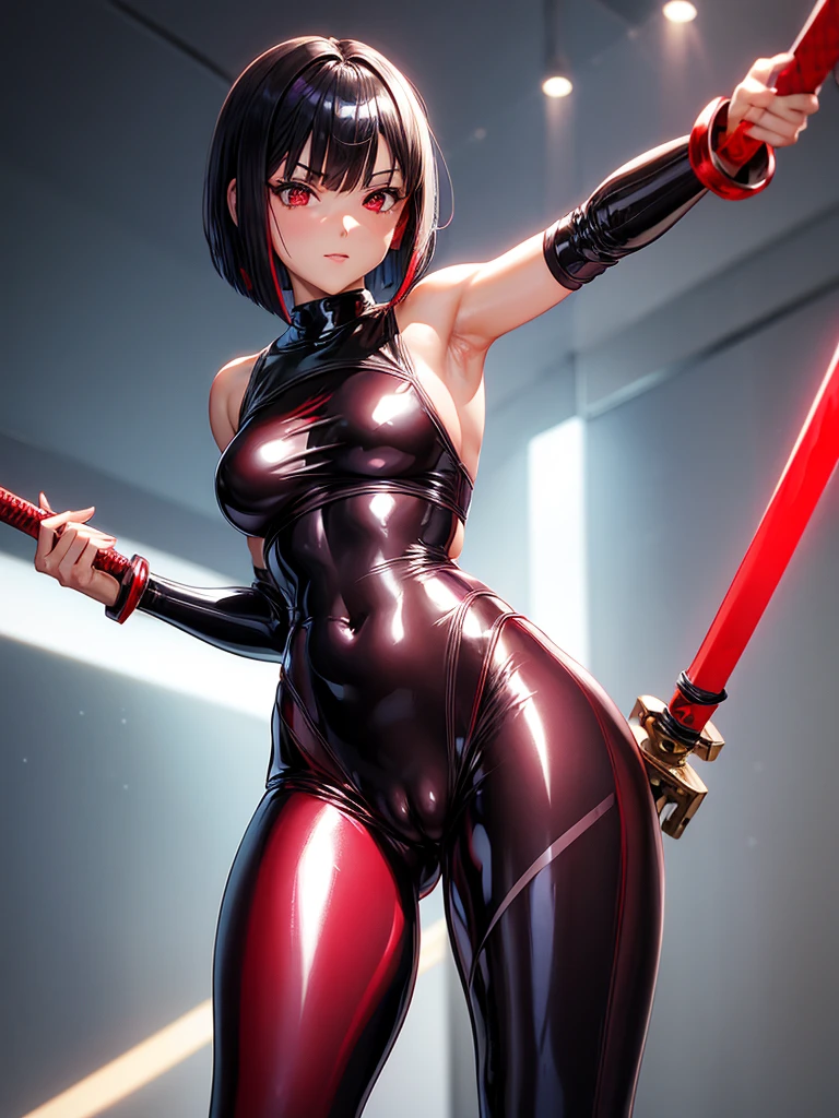 solo girl,Glossy metalic light silver tank top, tight latex shiny, Red interpolation color,Black hair bob,red eyes, camel toe, Samurai Sword,
Lift one leg, sexy lady, โชว์กางเกงใน girl, ถ่างขา, งอเข่า,