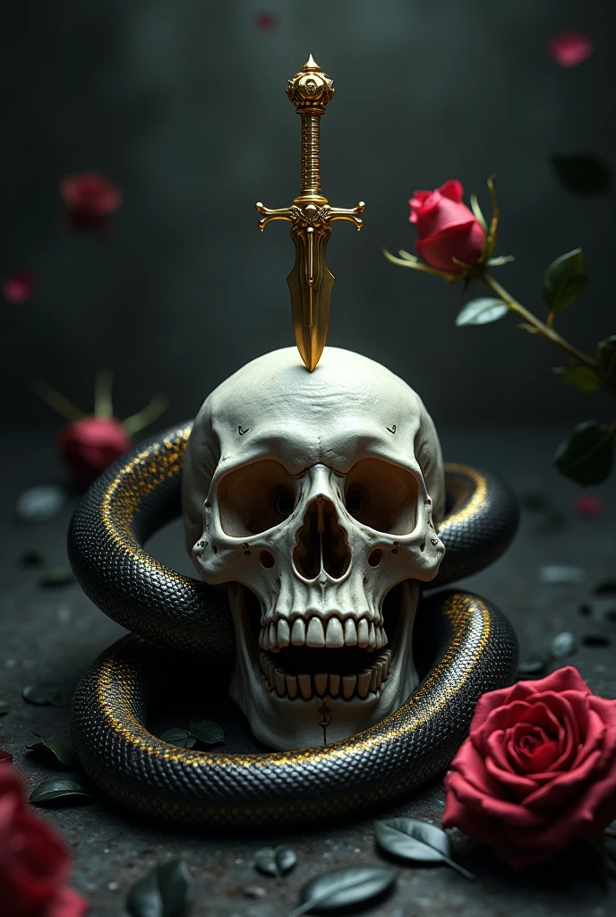 An image that works in one, a small golden dagger, A snake, a skull. Let the dagger pierce the skull, May the snake surround them along with the rose