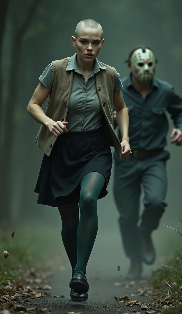 ((Highest quality)), ((masterpiece)), (horror movie posters:1.5), ((Jason)), (Shaved woman), (Motion Blur:1.1), (グレーの女性のハト対Jason), 逃げるJasonを後ろから追いかける筋肉質な坊主のグレーの女性のハト, グレーのShaved womanのハトがオフホワイトで襟付きの半そでシャツに薄茶色のベストを着てひざ丈の黒いスカートに濃い緑の靴下と黒の靴を履いている, Photorealistic images,