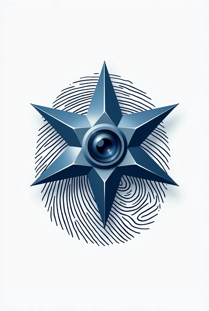 A logo that has a five-pointed star with a fingerprint in the background and a security camera lens in the center of the star.