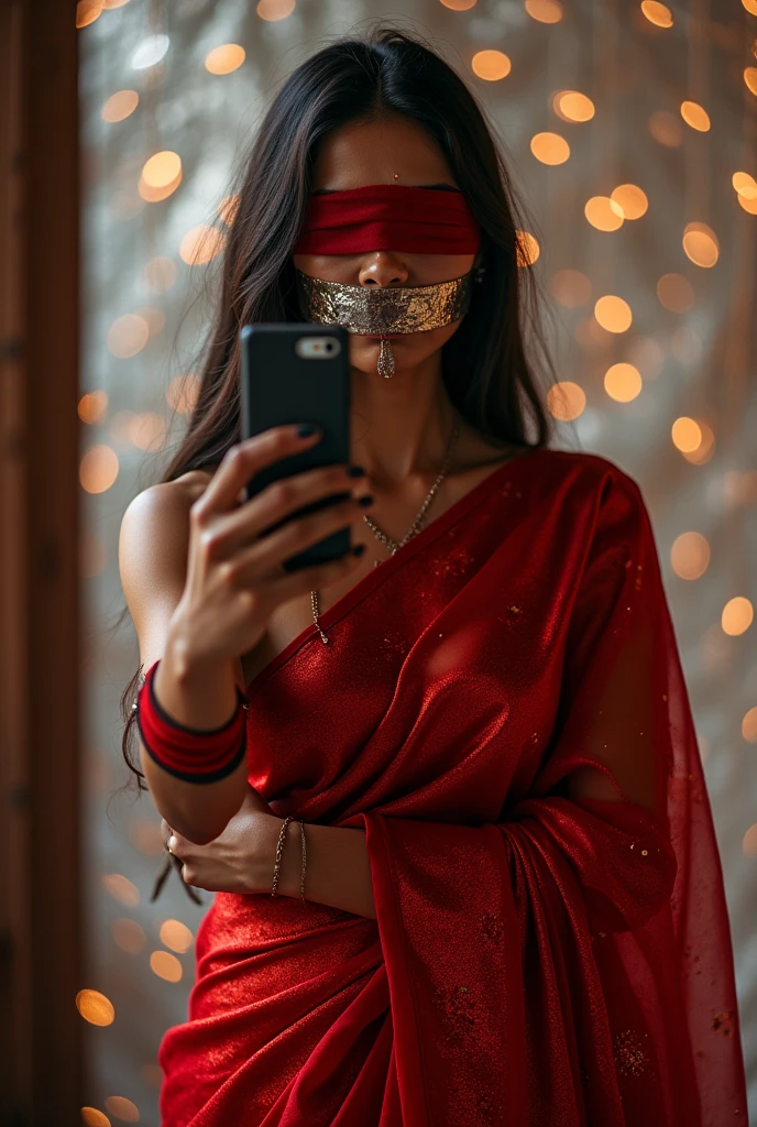 Aesthetic girl blindfolded duct tape gagged in red sparkling shimmering saree taking selfie