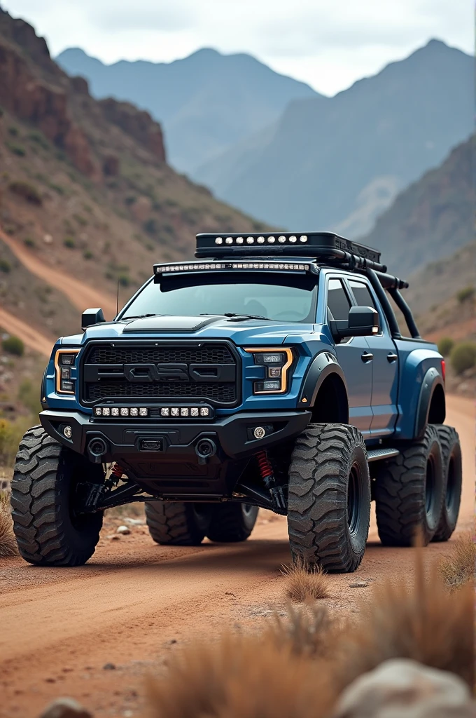 Low 6-wheel pickup truck, blue color