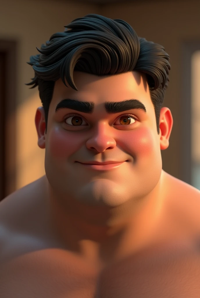 3d image realistic of young man, atractive, fat, with brown eyes and black hair, in the background a room