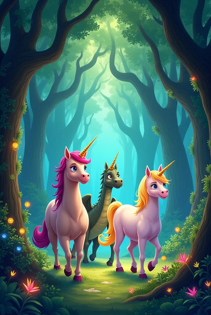 Create an image for story book title is The Adventure of Sparkle the Unicorn


 Chapter 3: The Enchanted Forest

Sparkle and Twinkle followed the map through the meadows and across the rainbow bridge, until they reached the edge of the Enchanted Forest. The trees in the forest were tall and twisted, their branches forming a canopy overhead. The forest was filled with all sorts of magical creatures—talking animals, glowing plants, and even a friendly dragon named Blaze.  Two unicorn and one dragon make