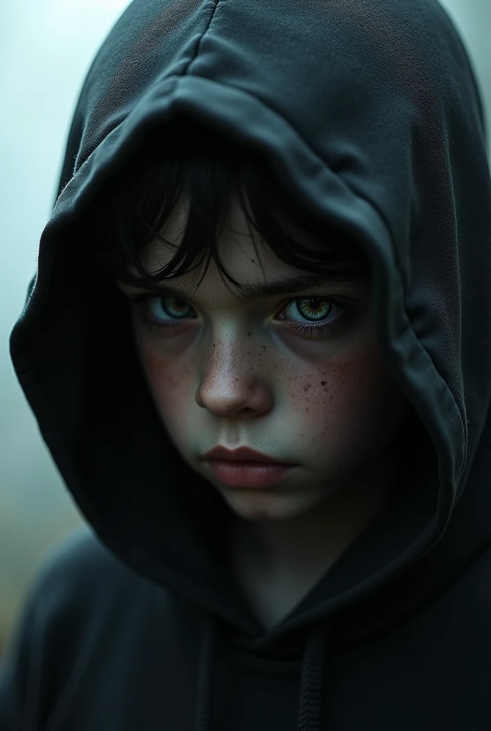 Hooded boy reflected in one eye