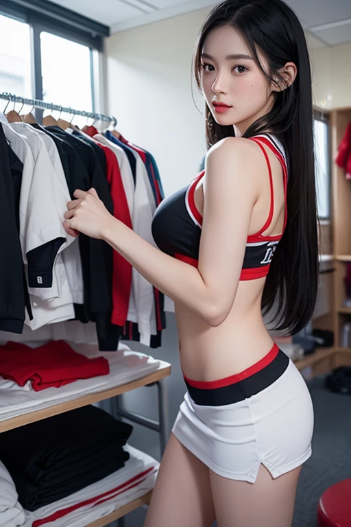 Asian、model、Black Hair、Long Hair、Big Breasts、Topless、Cheerleader、Club room、A woman lifting her clothes to reveal her breasts、One person