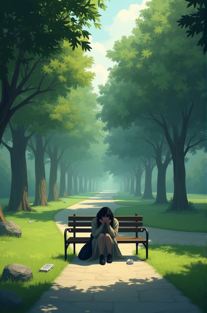 A lonely person in a park, with a sad look