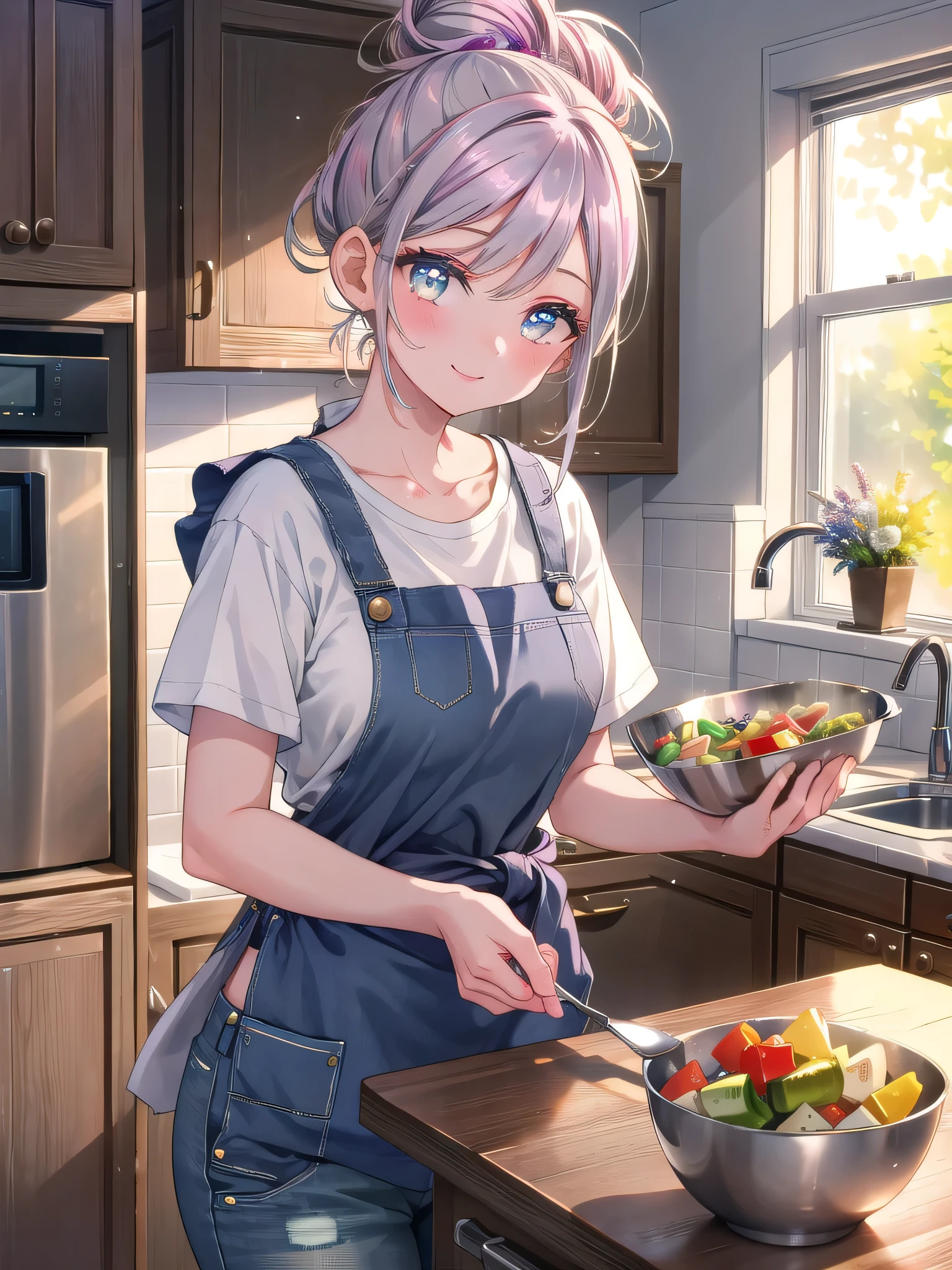 ((8k, Highest quality, masterpiece: 1.3)),Ultra-high resolution,(1 girl, alone), (Color changing eyes, Ultra-detailed, Expressive brilliance, Glitter, Glowing Eyes), Highly detailed eyes, Highly detailed face, Random Hair, ((pastel colour))Cooking Together in the Kitchen
The woman is standing at the kitchen counter, chopping vegetables for dinner. She’s wearing a casual grey t-shirt tucked into high-waisted jeans, with an apron tied around her waist. Her hair is pulled back into a messy bun, and she glances at the camera with a focused yet affectionate smile, as if enjoying the shared moment. The kitchen is warm and inviting, with the aroma of food filling the air, adding to the cozy domestic setting.