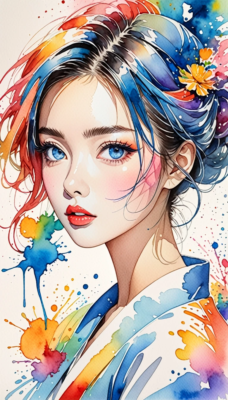 Hiromi Matsuo Style, stylish fashion, 8K Quality、Intense watercolor, Detailed watercolor art, Watercolor splash, Surreal, avant-garde pop art, Beautiful and expressive paintings, Beautiful artwork illustration, Very colorful tones, wonderful, Cool beauty, highest quality、cayan eyes