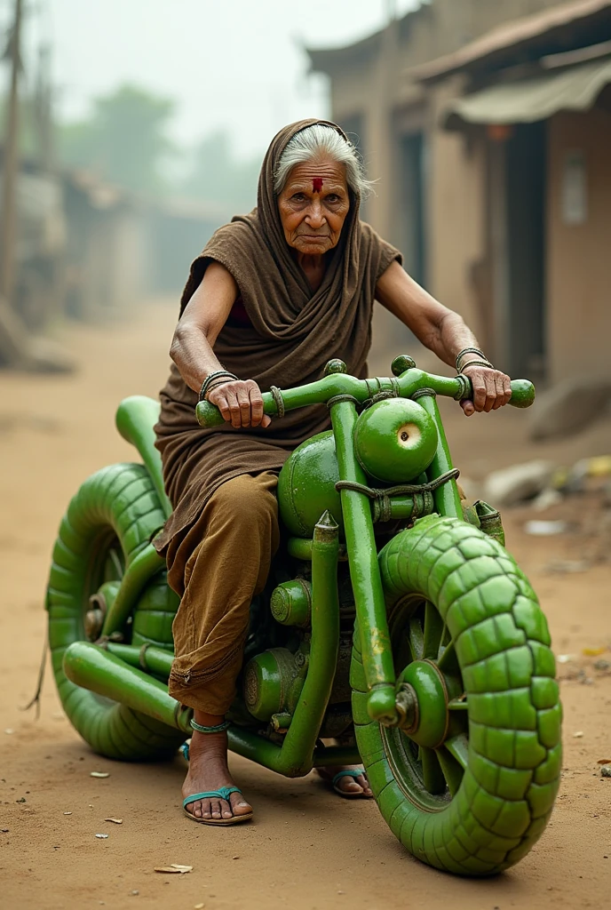 A poor Indian old woman sitting on the ground making a huge Motor bike out of green chili